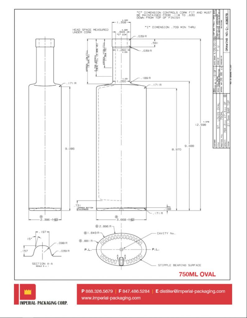 750 ml Clear Glass St. Louis Oval Liquor Bottle 21.5 mm Bar Top Neck Finish